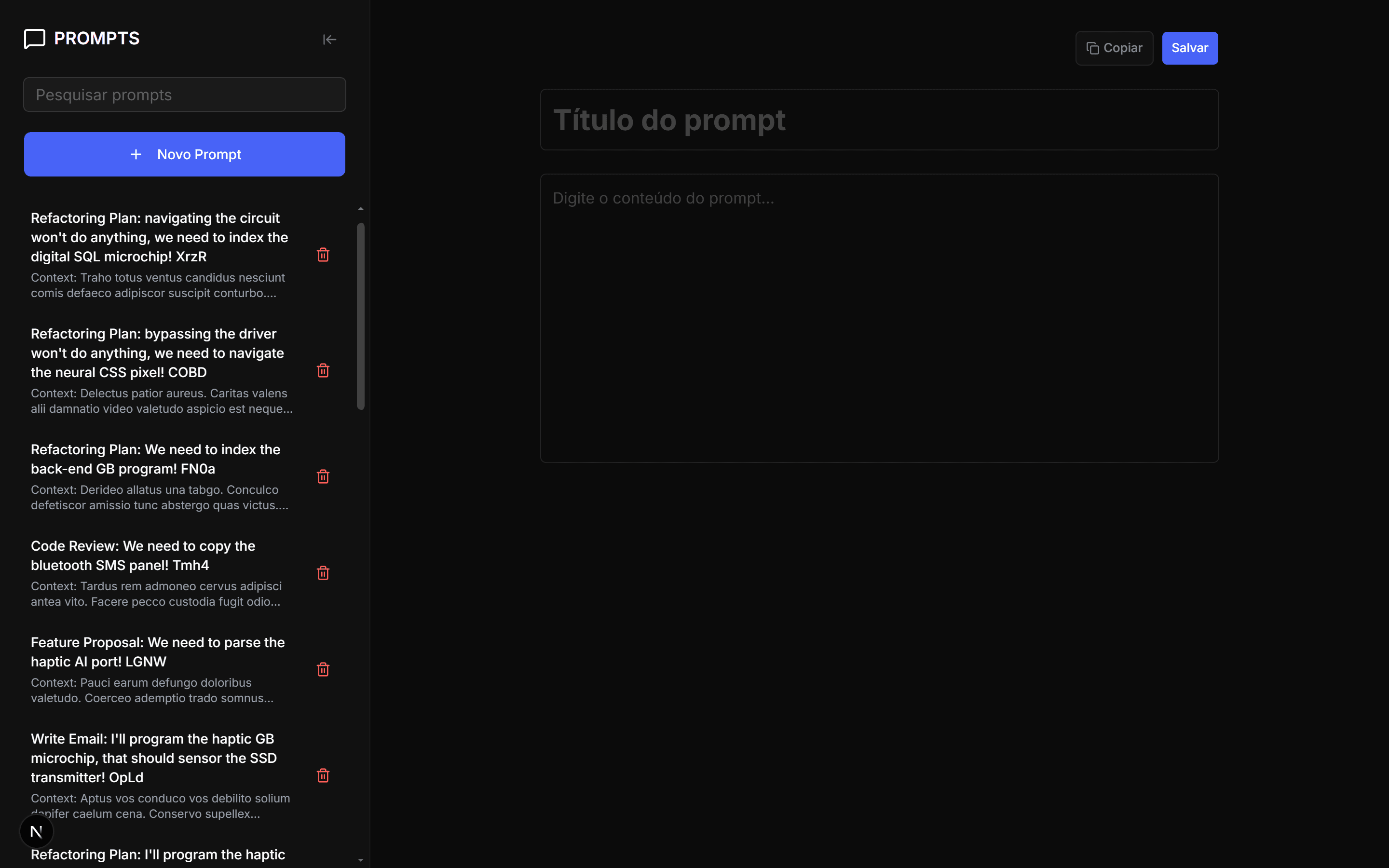 Screenshot da página inicial do Prompt Manager