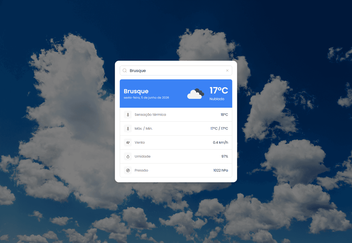Screenshot da aplicação Open Weather mostrando o clima atual para uma cidade
