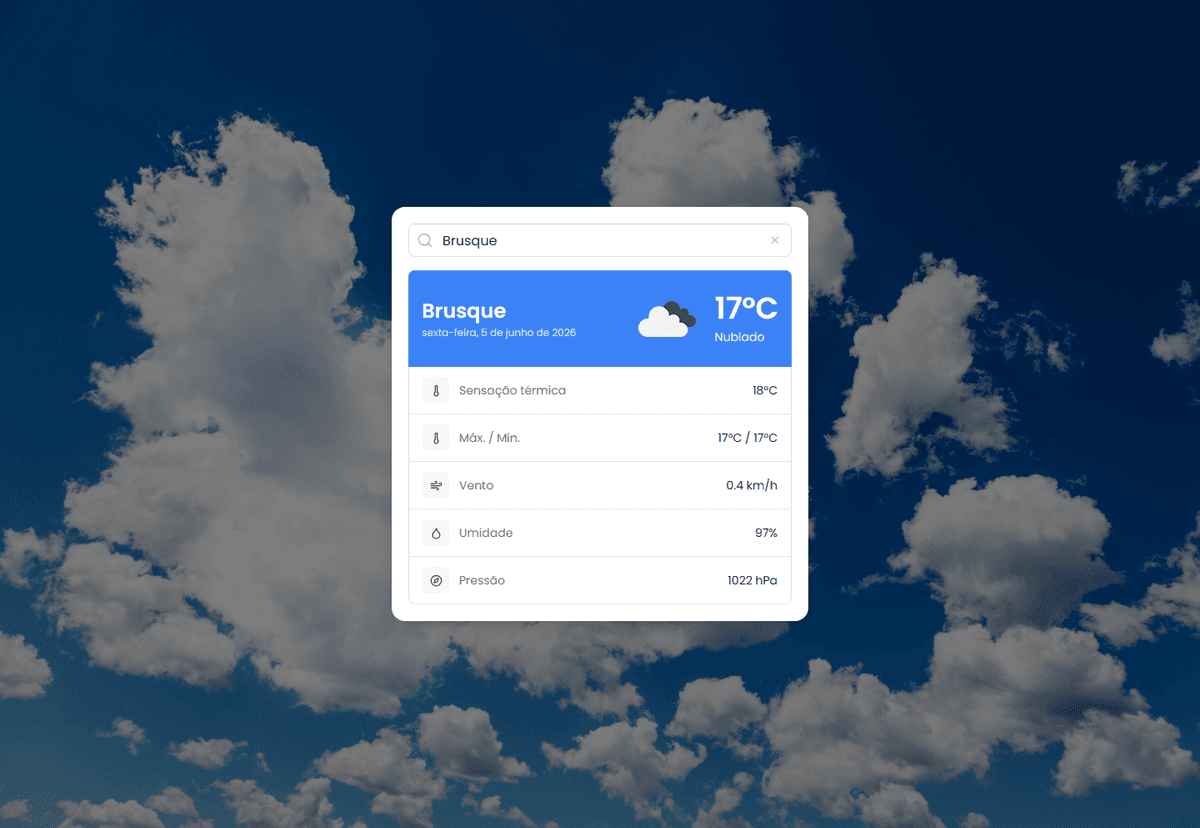 Screenshot da aplicação Open Weather mostrando o clima atual para uma cidade